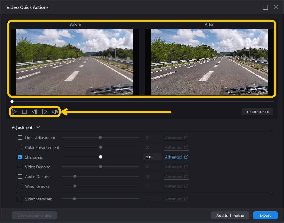 Video Quick Actions window with the Before and After preview panes and the playback controls highlighted