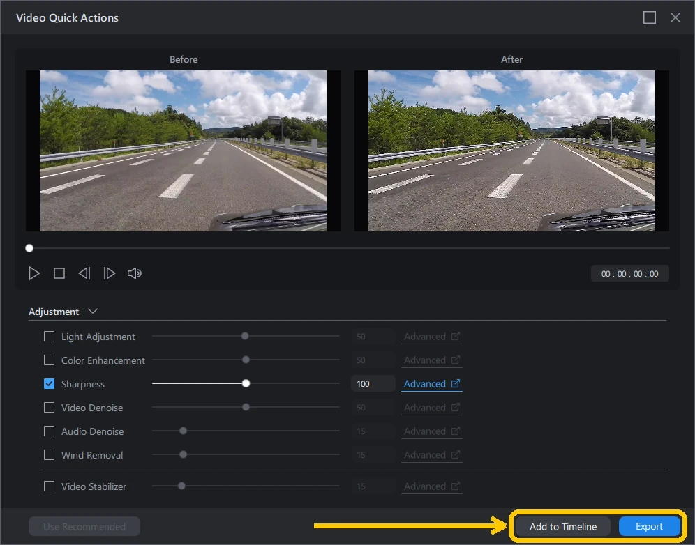 Video Quick Actions window with the Add to Timeline and Export buttons highlighted in the bottom-right corner