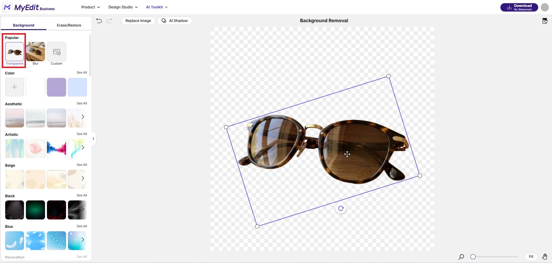 AI background removal result in MyEdit showing isolated product on transparent background with position and resize controls