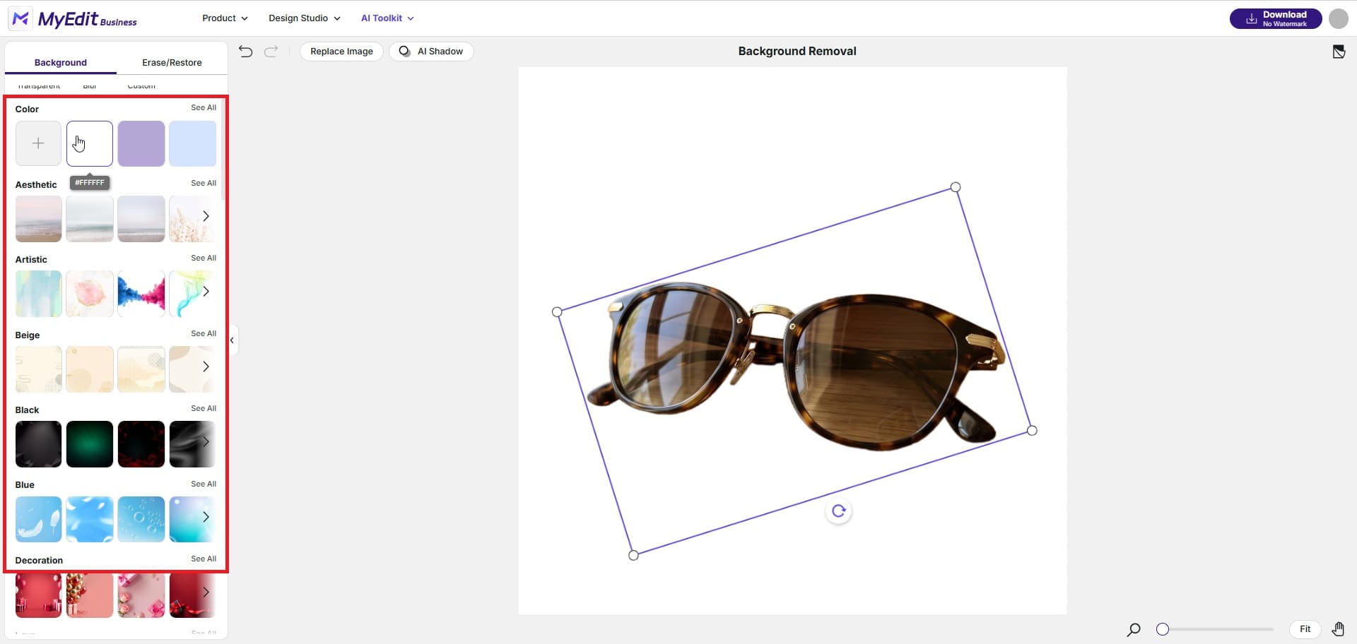 Selecting background type in MyEdit — white colour, preset template categories, or custom upload