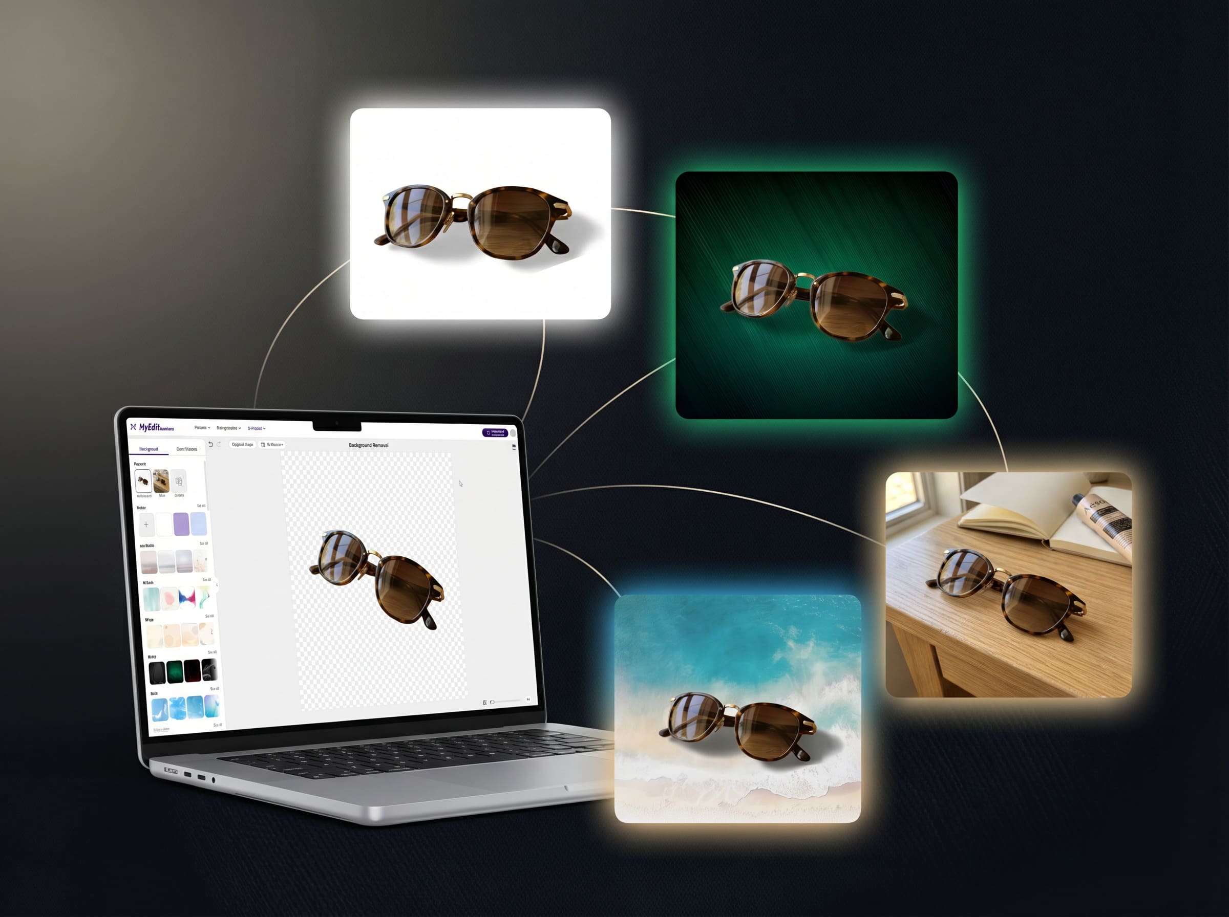 MyEdit AI Background Editor interface showing product photo background customisation for ecommerce sellers