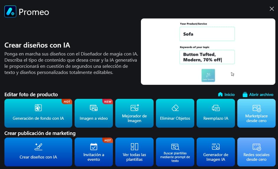 Página principal de Promeo PC