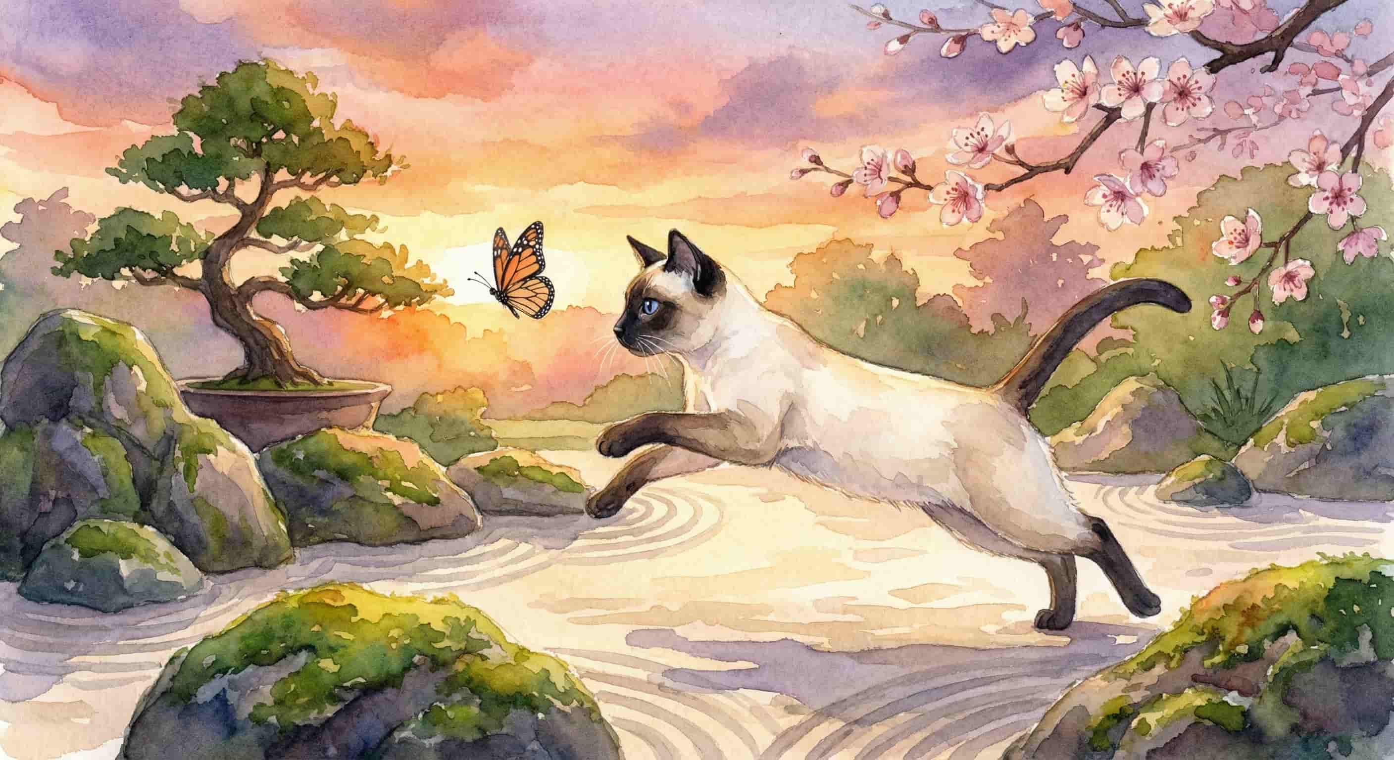 Imagen de gato estilo acuarela persiguiendo una mariposa generado con IA