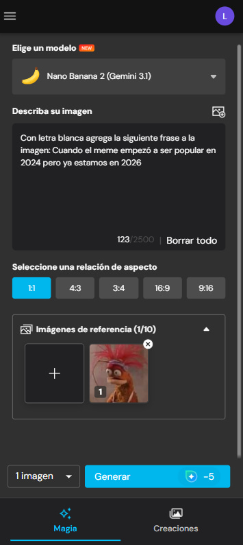 Interfaz de MyEdit para crear imágene con IA