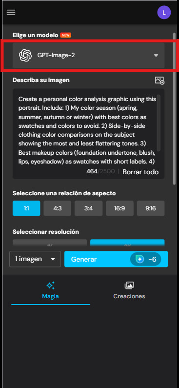 Prompt en MyEdit para generar imagen de paleta de colores estacional