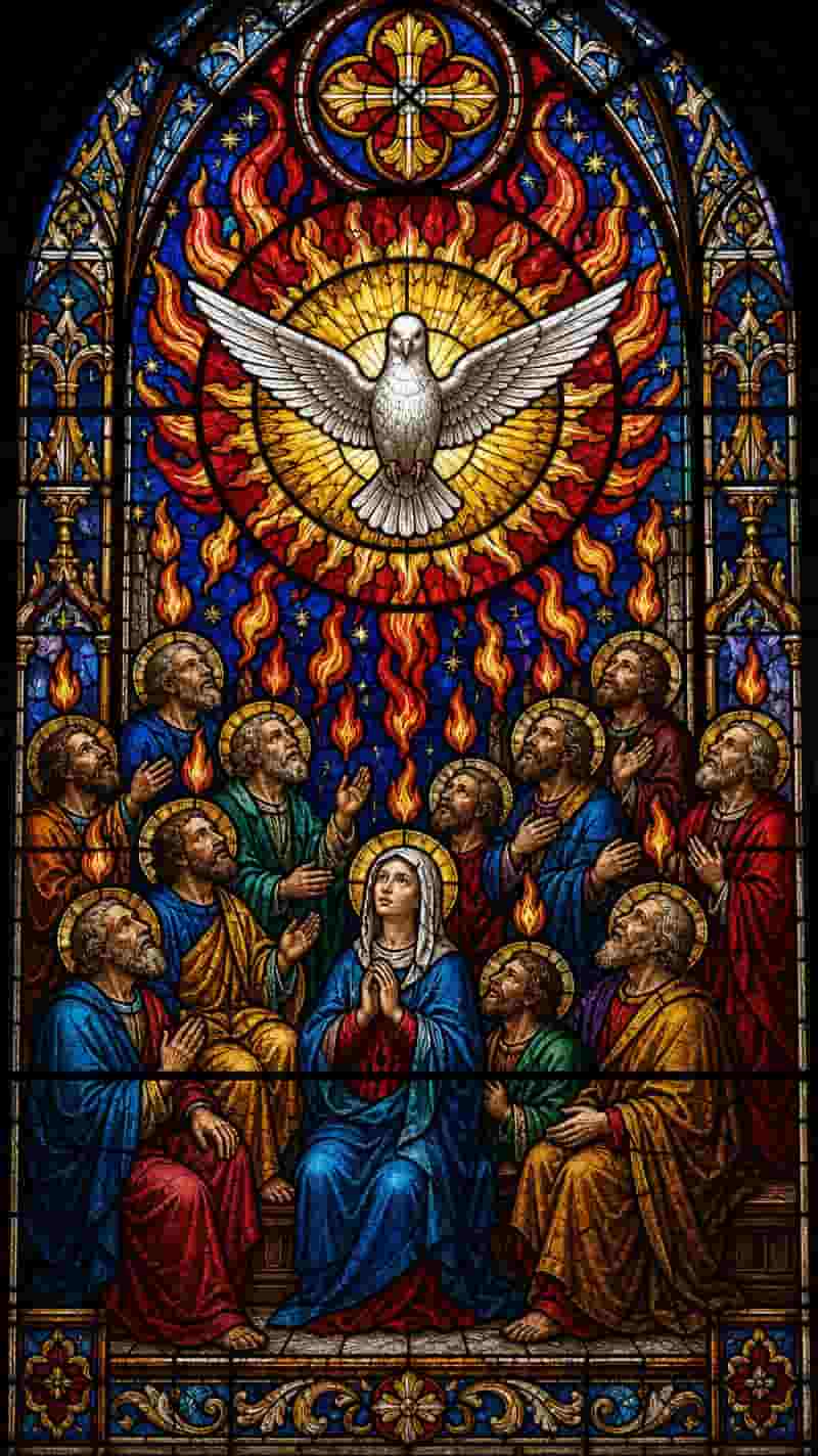 Imagen artística de Pentecostés generada con IA: vitral con paloma y fuego