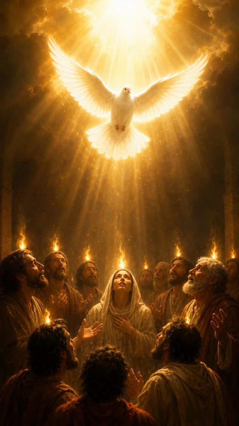 Imagen de Pentecostés generada con IA: paloma del Espíritu Santo con lenguas de fuego