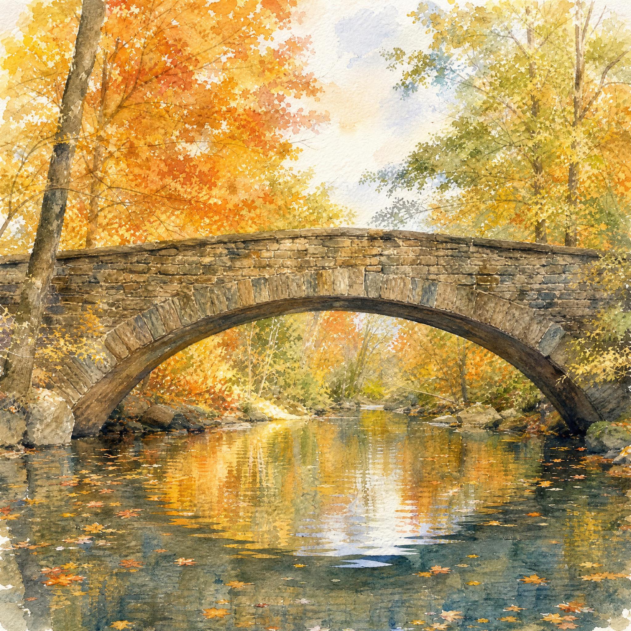 Puente de piedra en bosque de otoño transformado a estilo acuarela con un prompt de edición para Grok