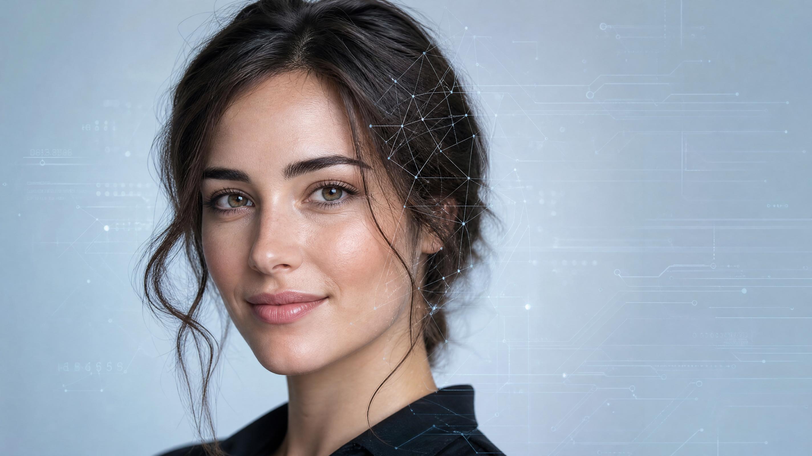 Mujer IA generada por inteligencia artificial con elementos digitales, ejemplo de chica IA creada con generador de imágenes