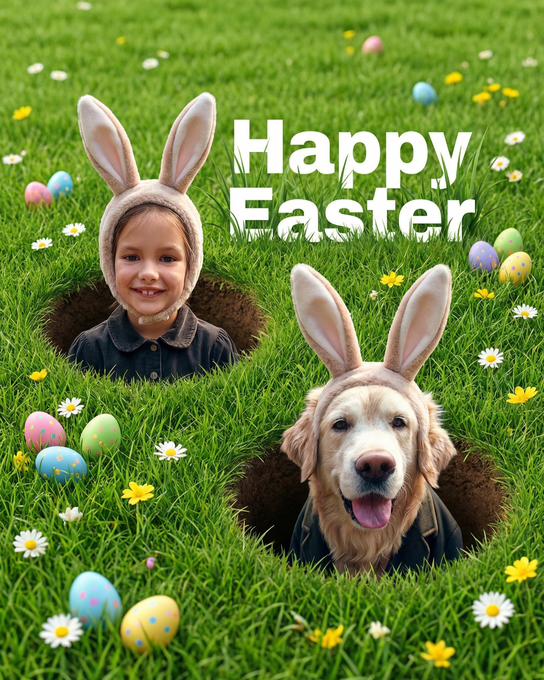 A child and a golden retriever wearing rabbit ears and peering from rabbit holes in a grassy field with Easter eggs.