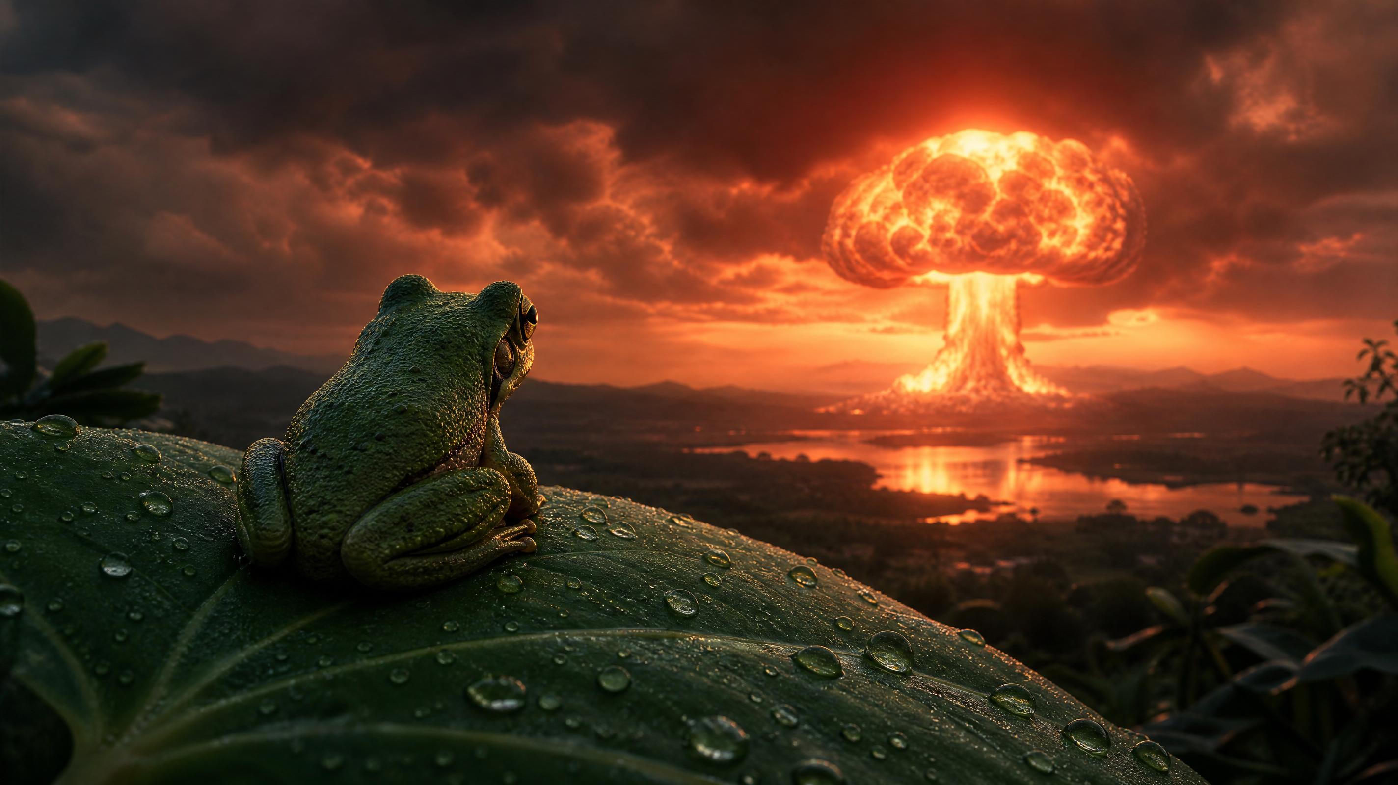 Imagen de una rana observando una explosión nuclear generada a partir de texto con MyEdit