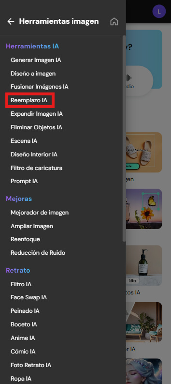Interfaz de la herramienta reemplazo IA de MyEdit