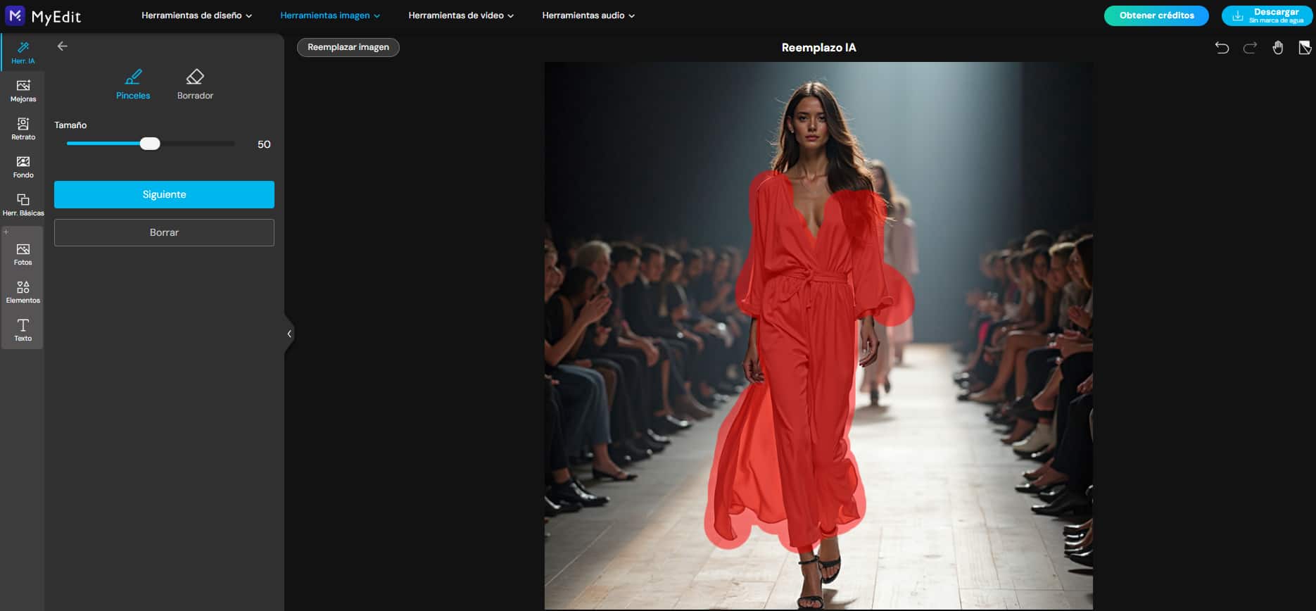 Interfaz de la herramienta Reemplazo IA de MyEdit