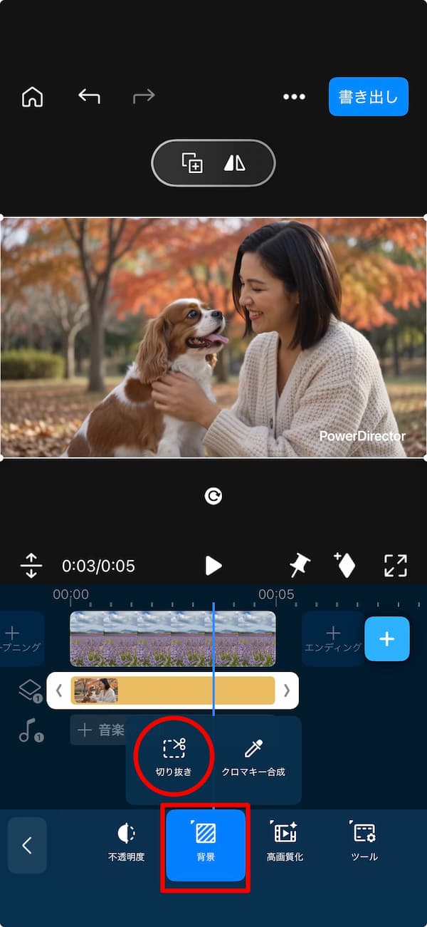 PowerDirector アプリの編集メニューで切り抜きを選択する画面