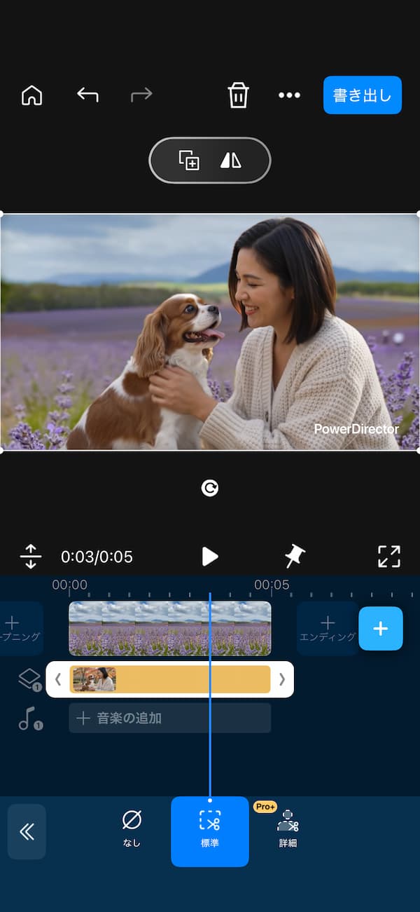 PowerDirector アプリで AI が動画の背景を透過処理した画面