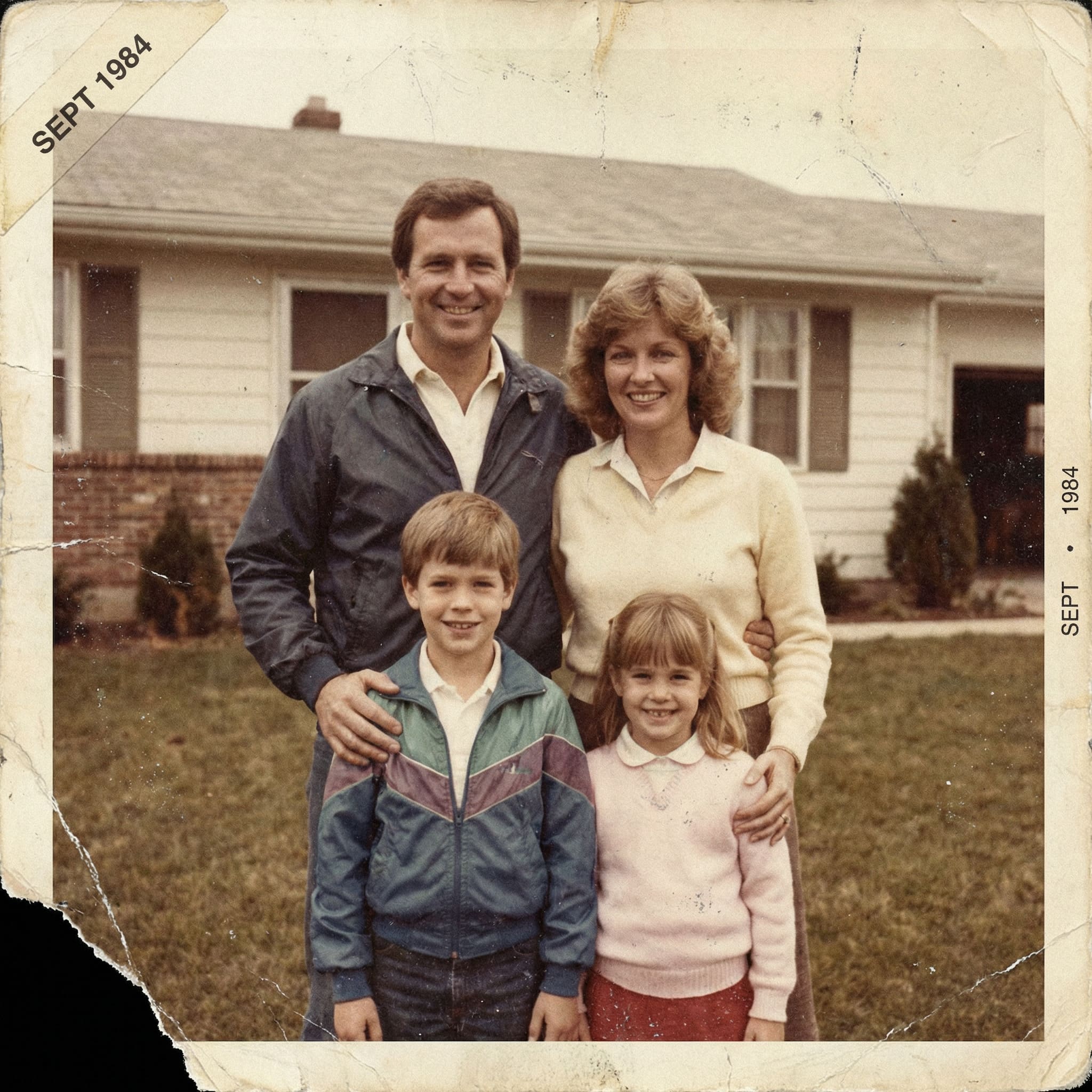 Scratched vintage family photo before AI repair