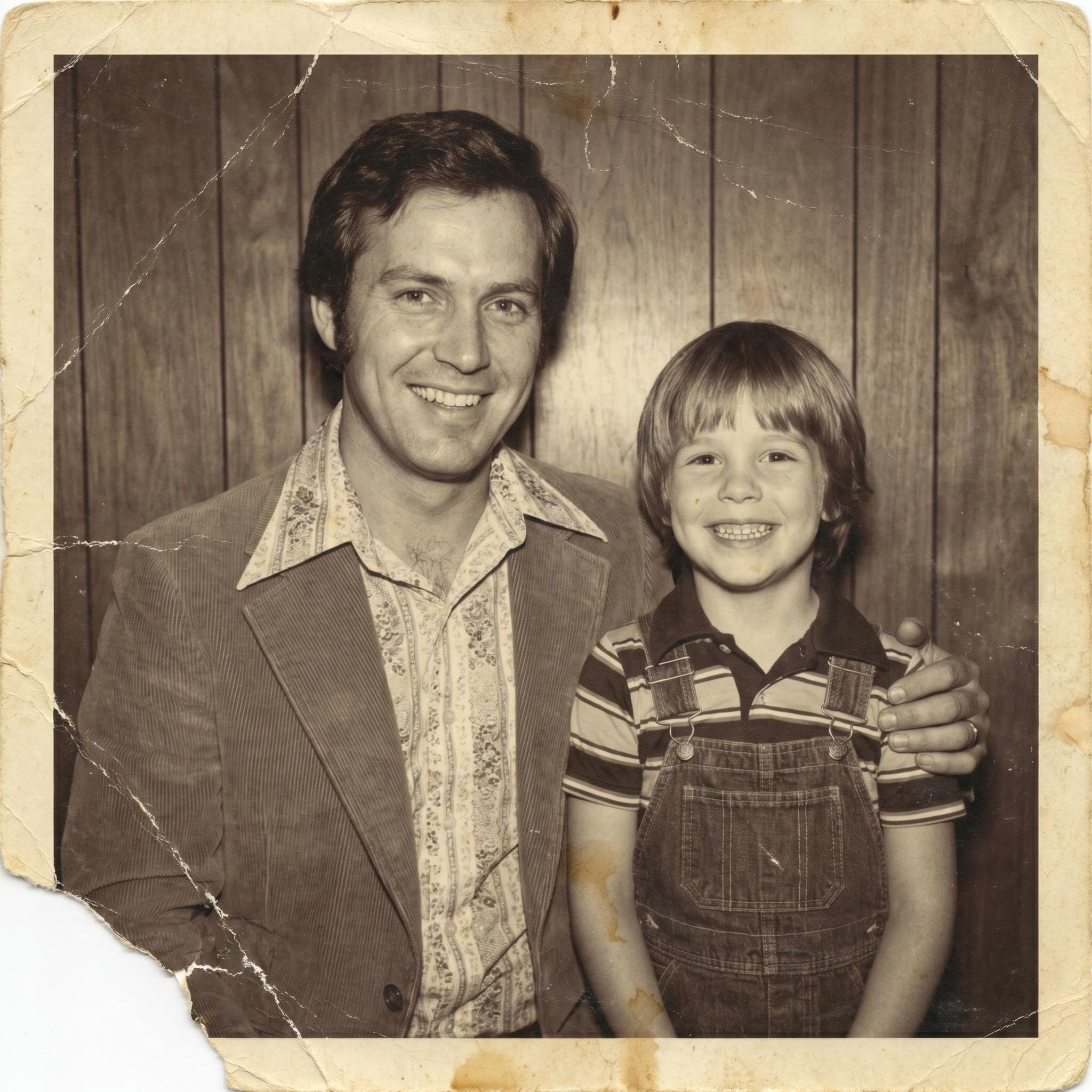 Faded old photo of dad before AI restoration