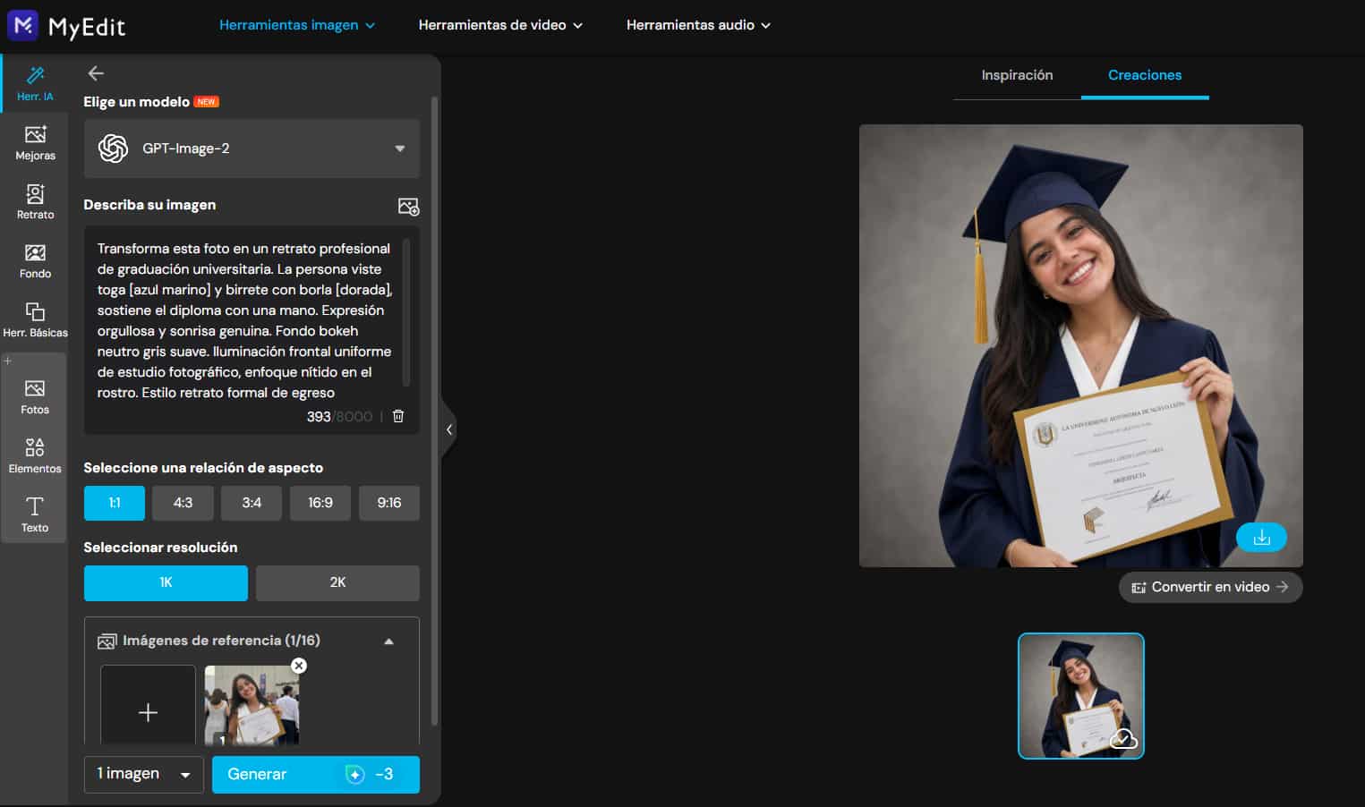 Resultado de foto de graduación generada con IA en MyEdit