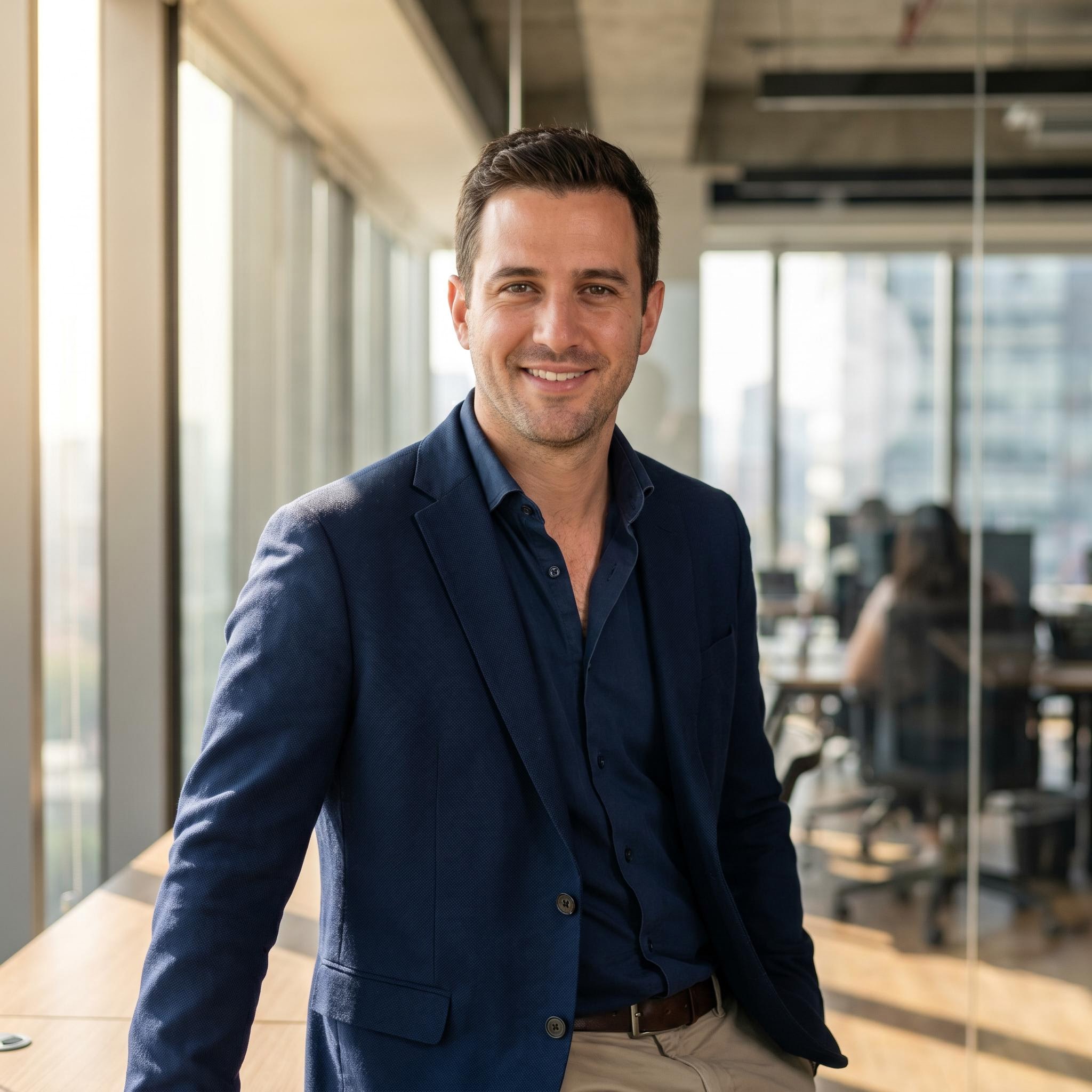Retrato de emprendedor en oficina con paredes de cristal generado con Nano Banana Pro