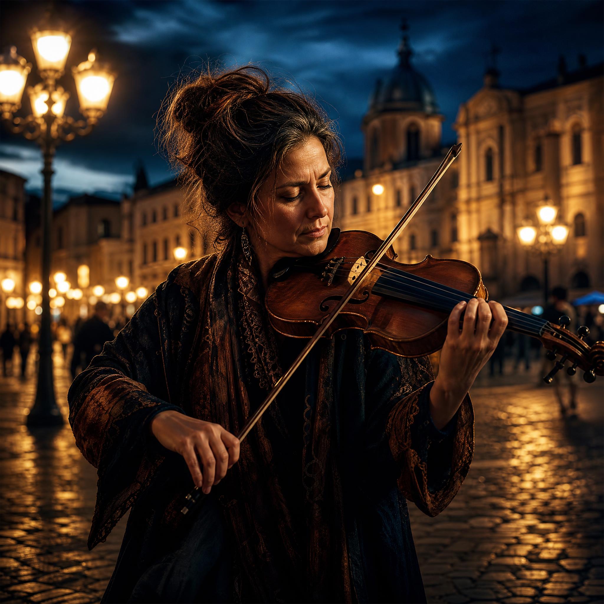 Retrato creativo de una violinista callejera generado con un prompt para Grok