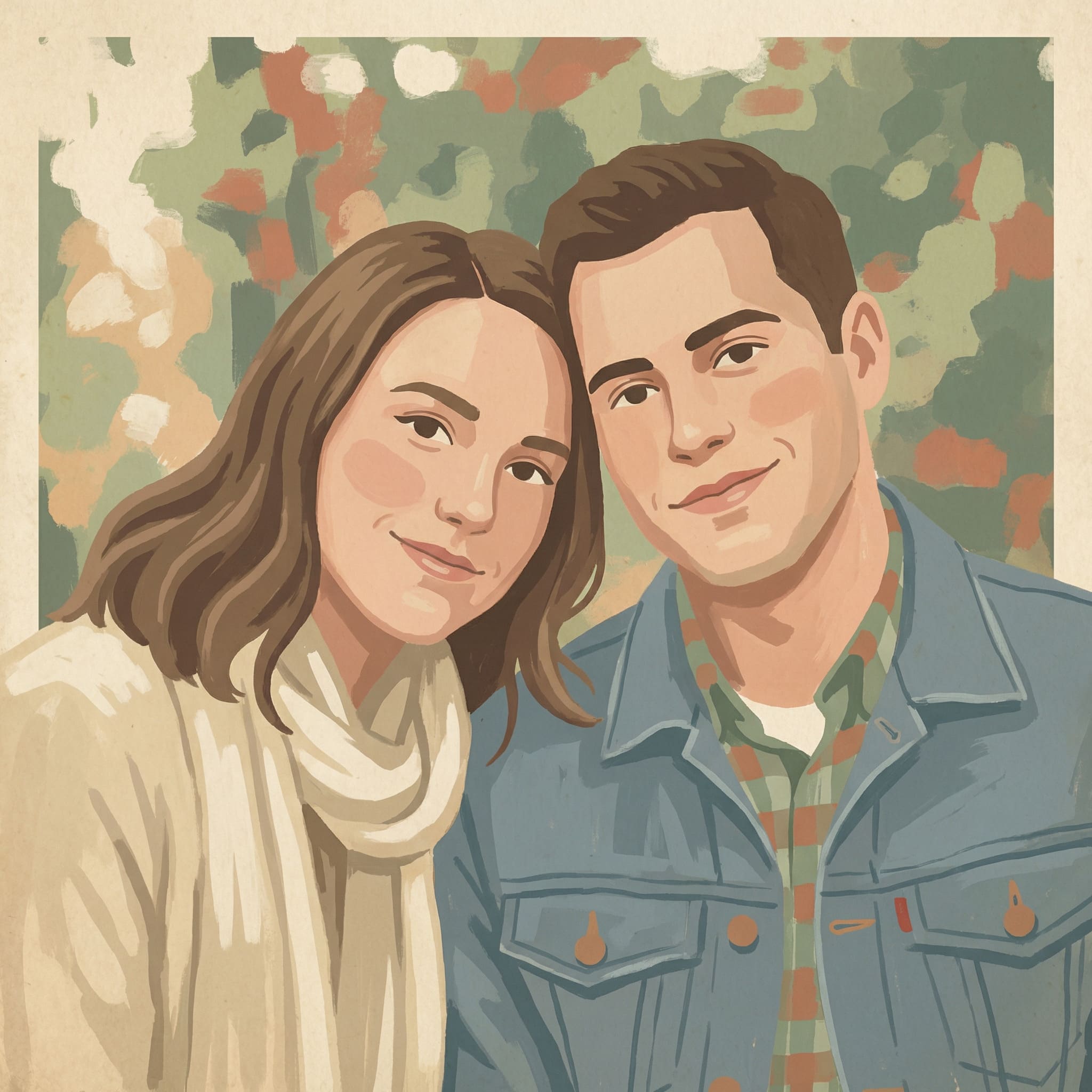 Portrait transformed into retro editorial gouache illustration