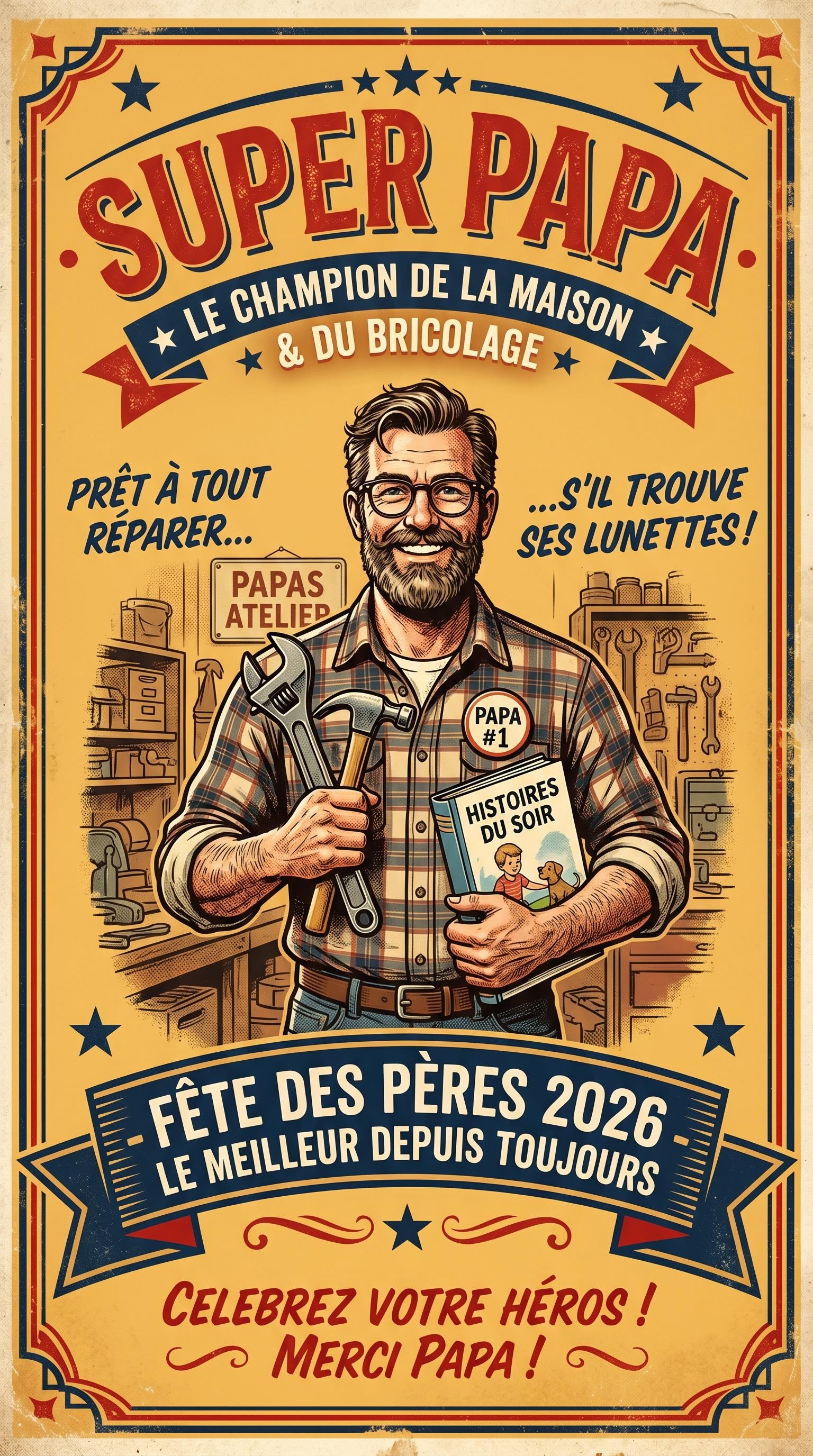 Affiche rétro vintage style années 50 pour la fête des pères, générée par IA