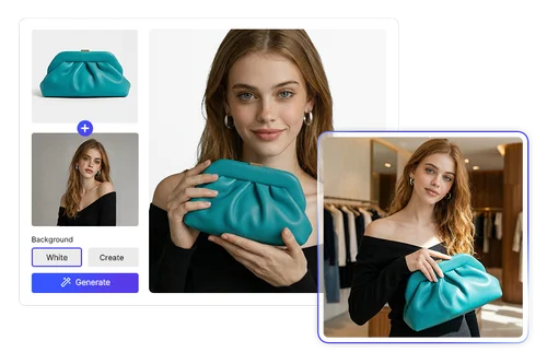 AI モデル商品撮影で、商品とモデルの画像を生成