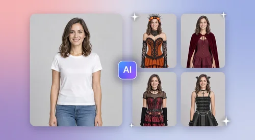 AI 試着 機能を使って生成された、本人をモデルにした4種類のハロウィーンコスチュームと、その女性の元の写真。