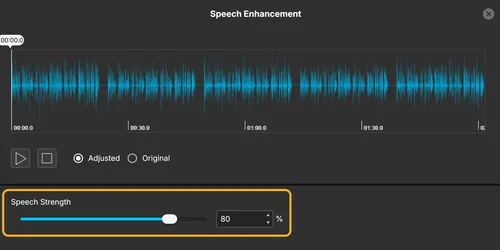 Speech Strength slider and preview in MyEdit Free AI Speech Enhancer after uploading a voice recording