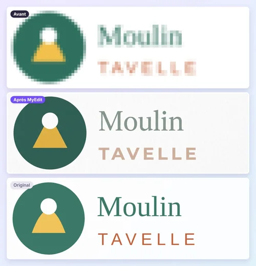 Logo pixelisé amélioré par l'IA : formes nettes mais couleurs délavées par rapport à l'original