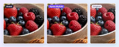 Bol de fruits rouges issu d'une capture d'écran floue, avant et après l'Améliorateur d'images IA, à côté de l'original