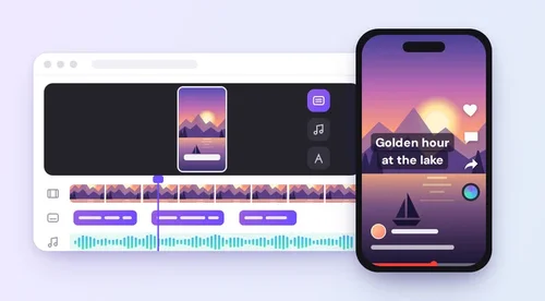 Phone showing a vertical YouTube Short being edited with subtitles and music in a browser editor