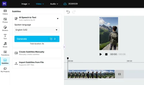 Add AI subtitles, text, and music
