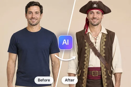 Before and after: a man in a t-shirt, then in an AI-generated pirate costume