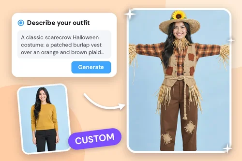 A woman's photo and a typed scarecrow costume description, then the AI-generated scarecrow costume