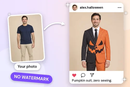 A man's photo in a t-shirt next to a social media post of him in an AI-generated pumpkin suit
