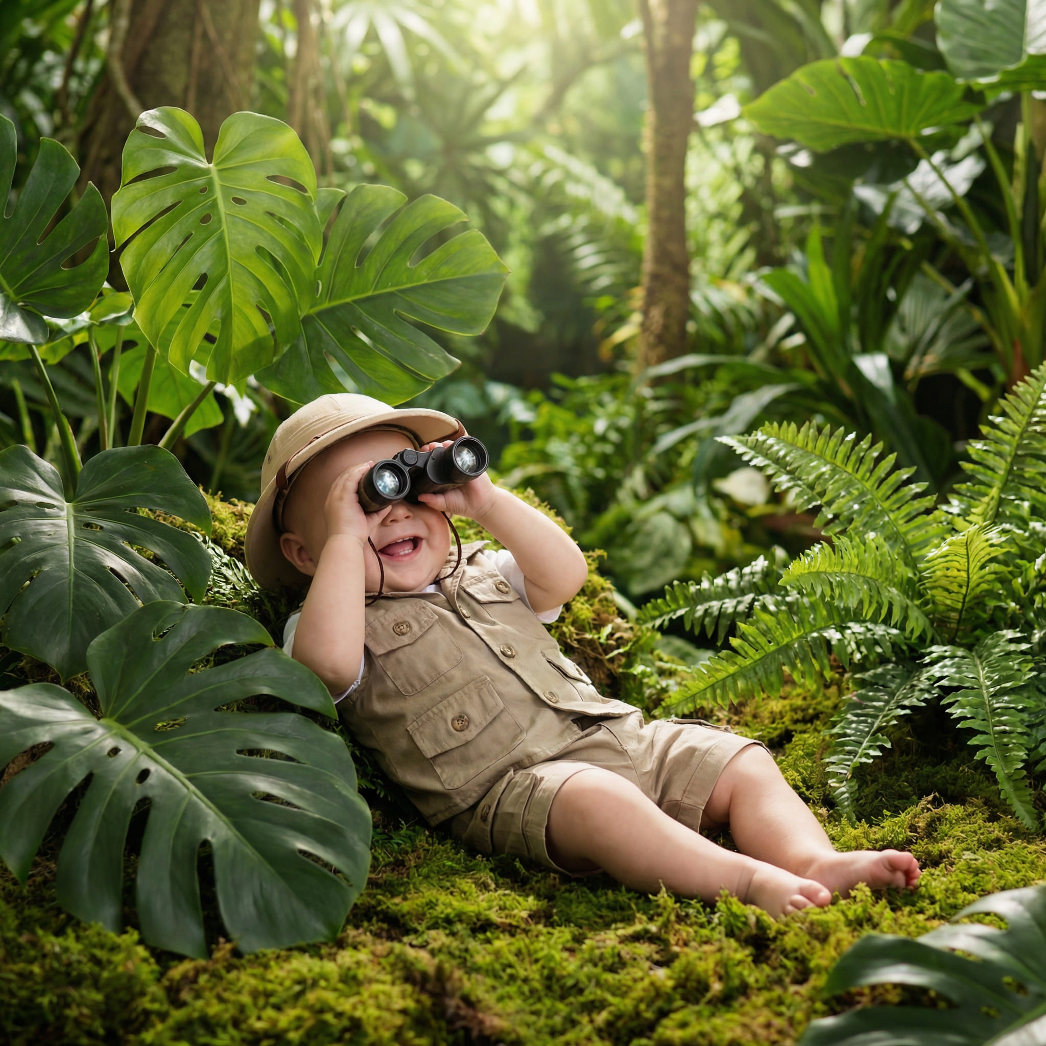 Baby explorer in jungle with binoculars