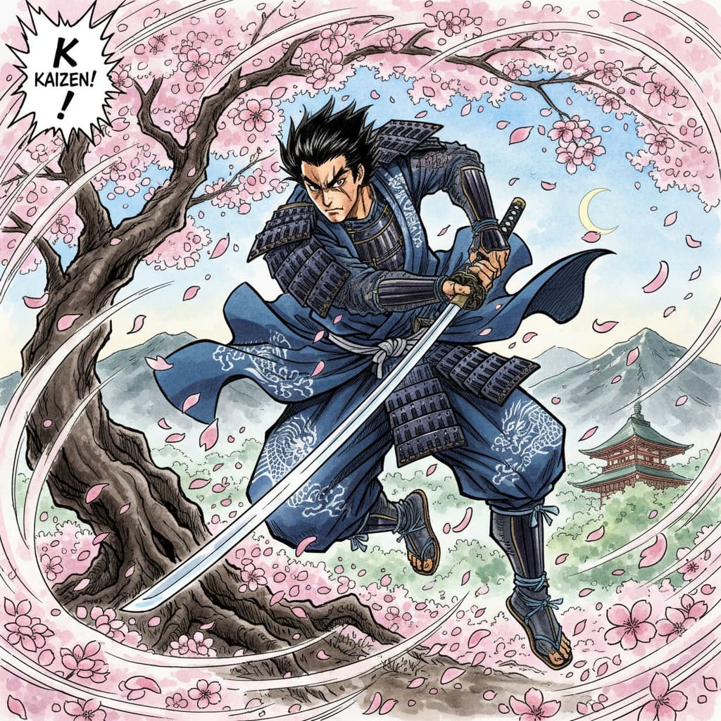 Samurai warrior with flowing kimono AI-generated illustration