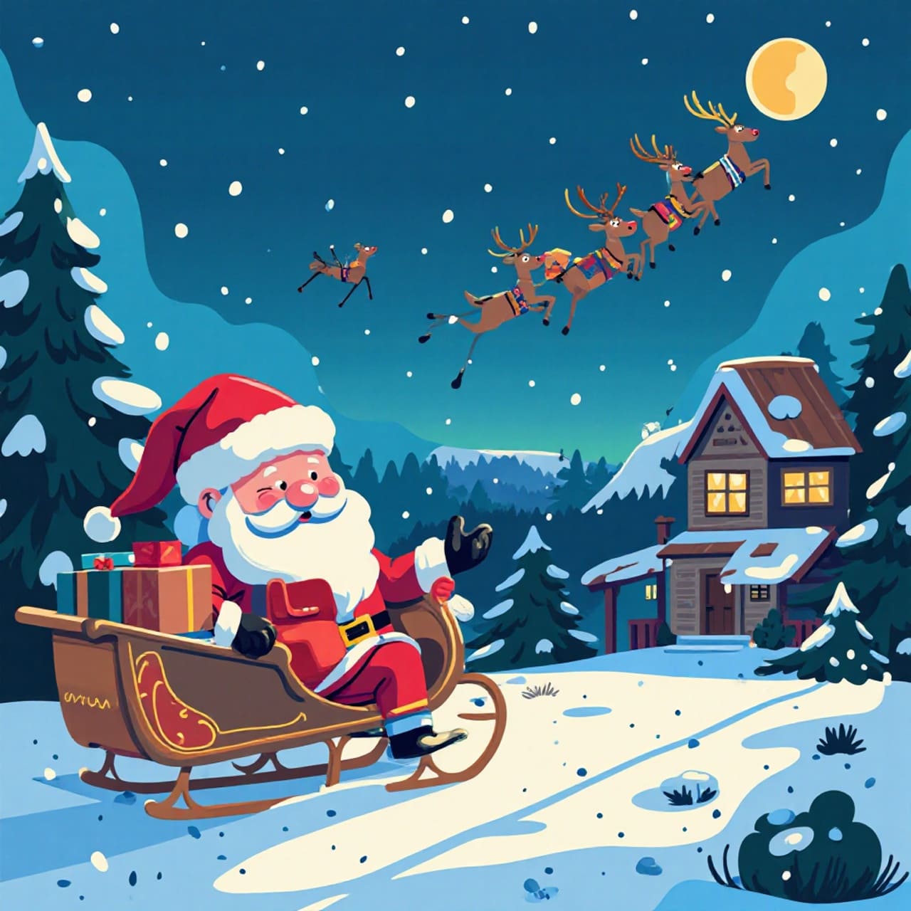 Santa Claus delivering gifts at night on snowy rooftop with reindeer