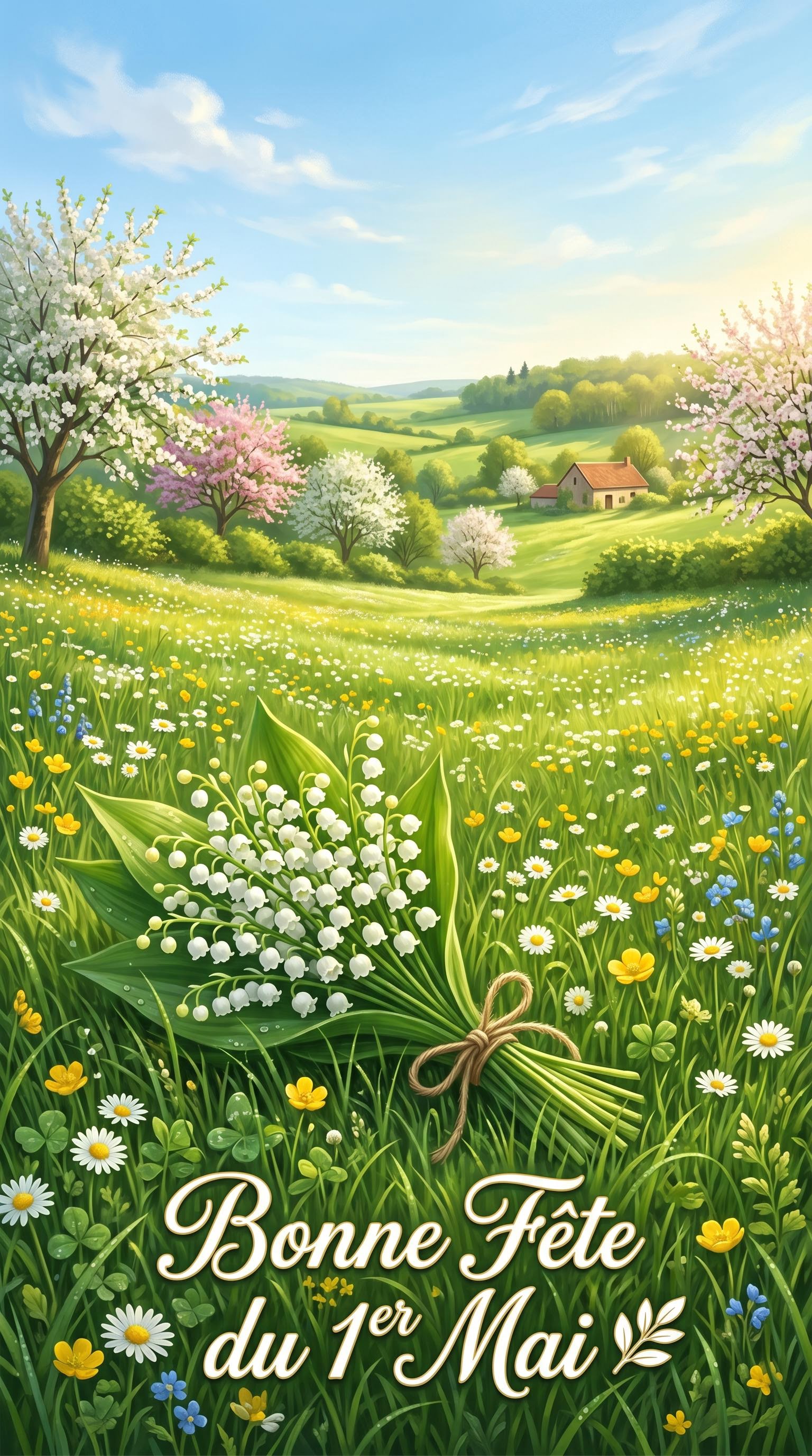 Scène champêtre printanière pour le 1er mai générée par IA