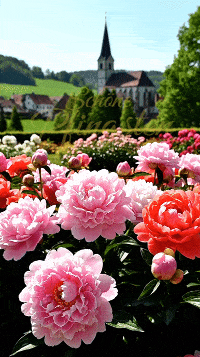 Ein animiertes GIF mit prachtvollen rosa Pfingstrosen, die sich sanft im Wind wiegen, vor einer idyllischen Dorfkirche im Hintergrund und einer eleganten goldenen Schrift Schöne Pfingsten.