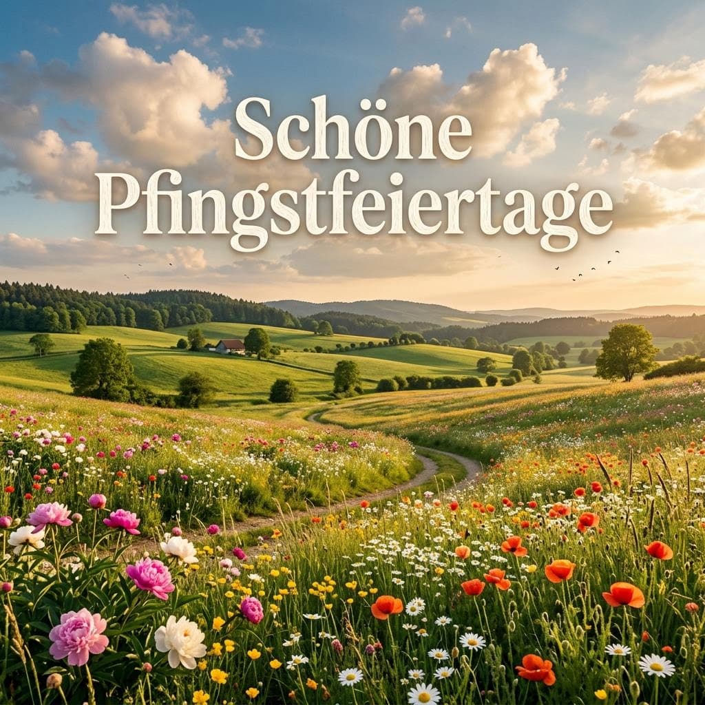 Ein farbenfrohes Bild einer weitläufigen Frühlingswiese voller bunter Blumen unter einem sonnigen Himmel mit dem fehlerfreien Text Schöne Pfingstfeiertage.