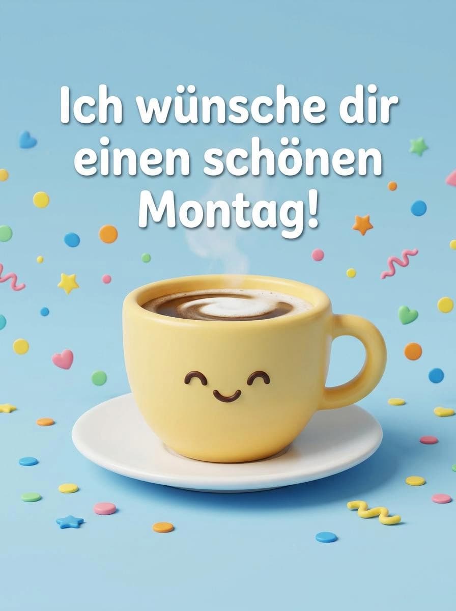 Eine niedliche gelbe 3D-Illustration einer lächelnden Kaffeetasse auf hellblauem Hintergrund mit Konfetti und dem Text Ich wünsche dir einen schönen Montag.