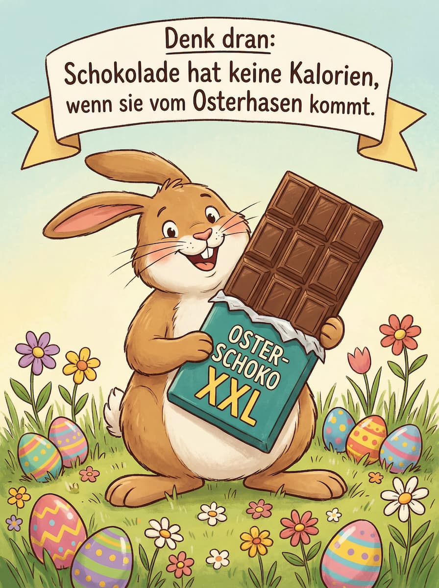 Lustige Osterkarte mit einem Comic-Hasen, der eine XXL Oster-Schoko-Tafel hält und dem Spruch Schokolade hat keine Kalorien.