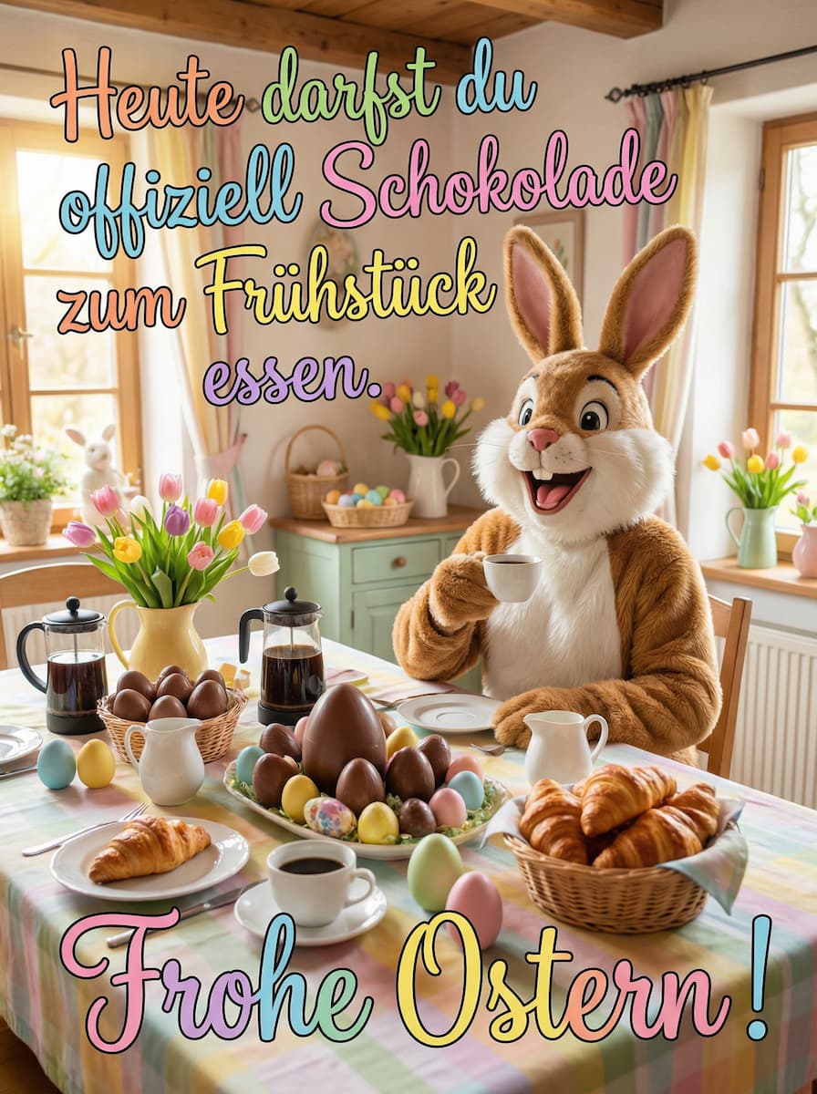 Lustiges Osterbild mit einem Hasen am Frühstückstisch, Schokoladeneiern und dem Text Heute darfst du offiziell Schokolade zum Frühstück essen.