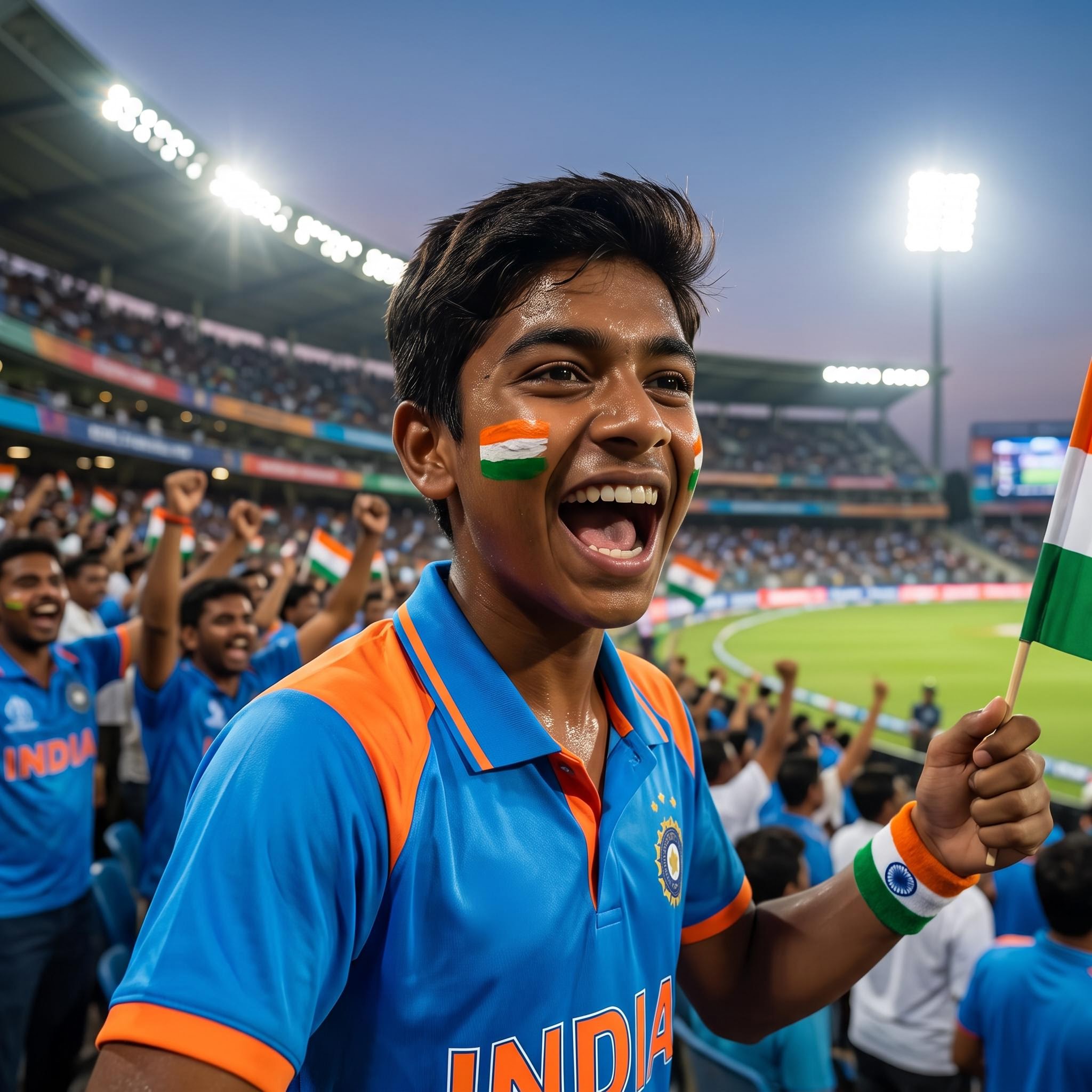 AI result: teen boy in team colours with face paint inside a floodlit cricket stadium