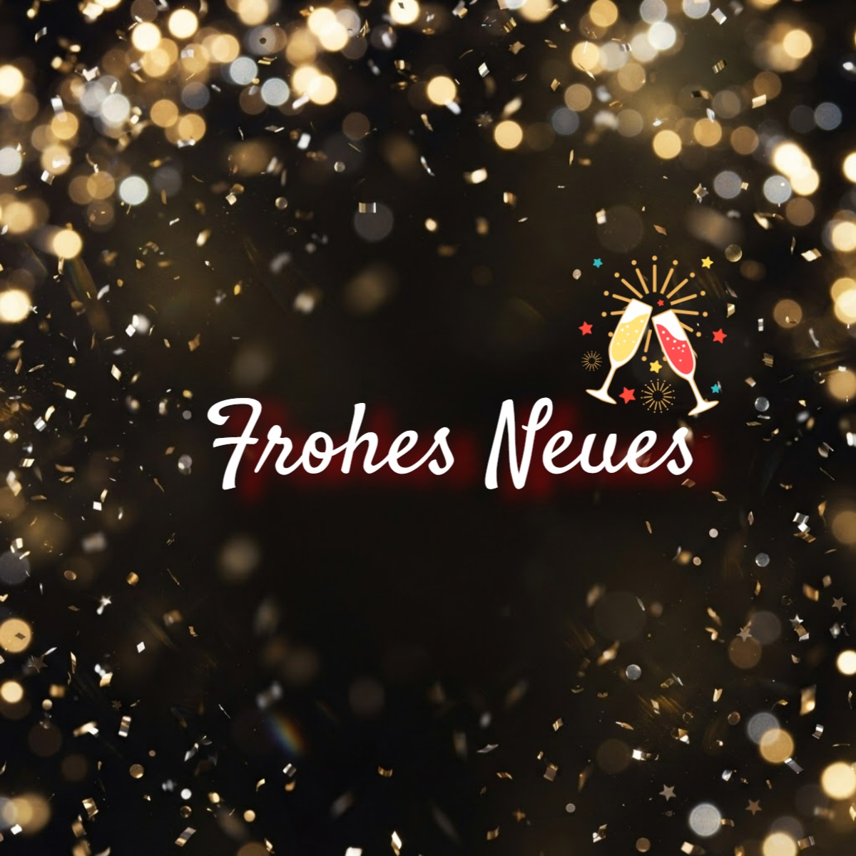 Fertiges Neujahrsbild mit Schriftzug Frohes Neues und Sektgläser-Sticker auf festlichem Konfetti-Hintergrund