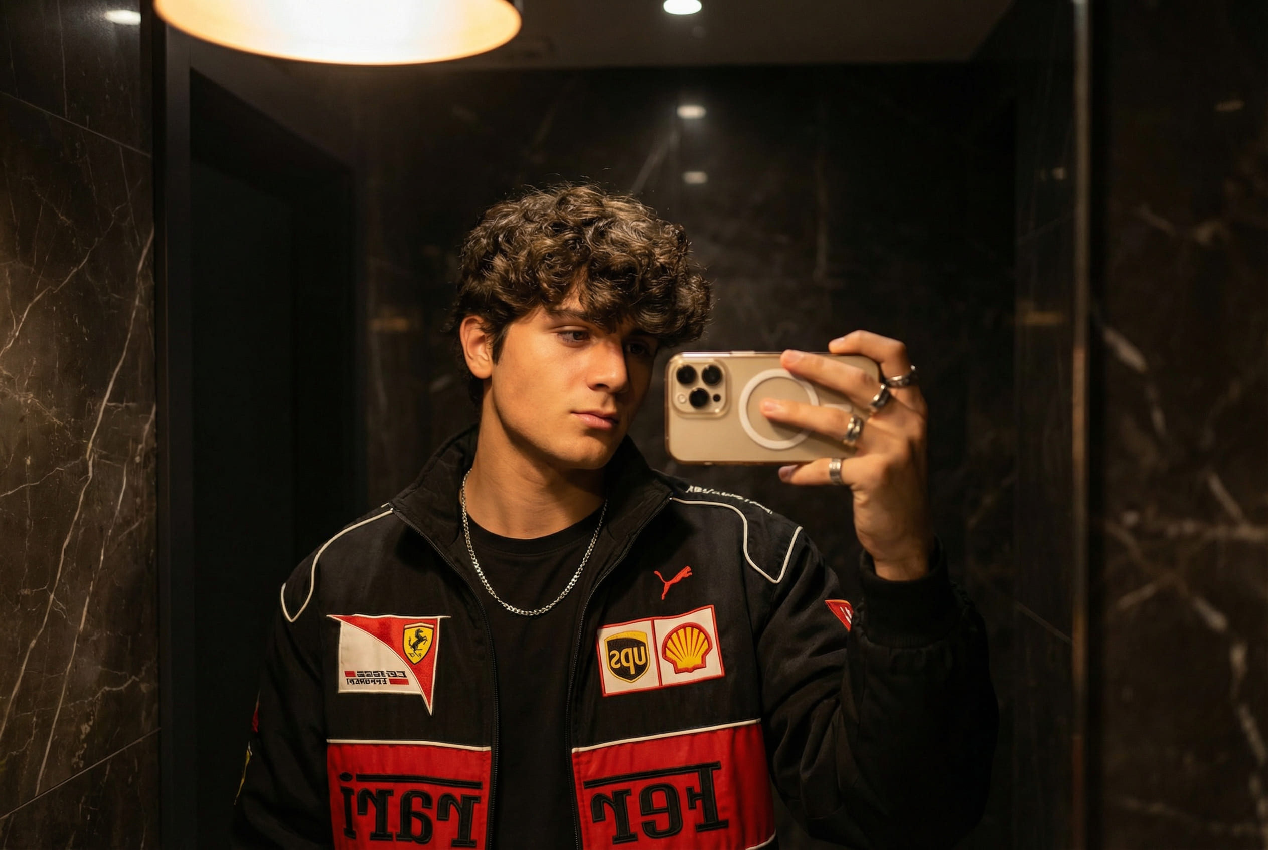 Hyper-realistic moody bathroom mirror selfie