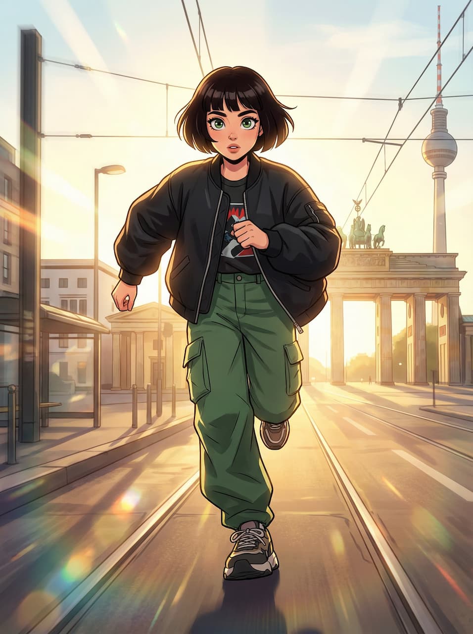 Sportliche KI-Anime-Waifu im Streetwear-Look läuft vor dem Brandenburger Tor in Berlin.