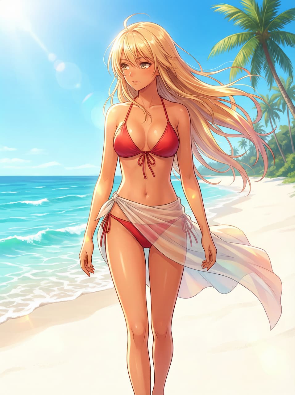 Eine schöne Anime-Waifu mit langen, sonnengeküssten blonden Haaren und einem roten Bikini spaziert an einem tropischen Strand mit türkisfarbenem Wasser und weißem Sand entlang.